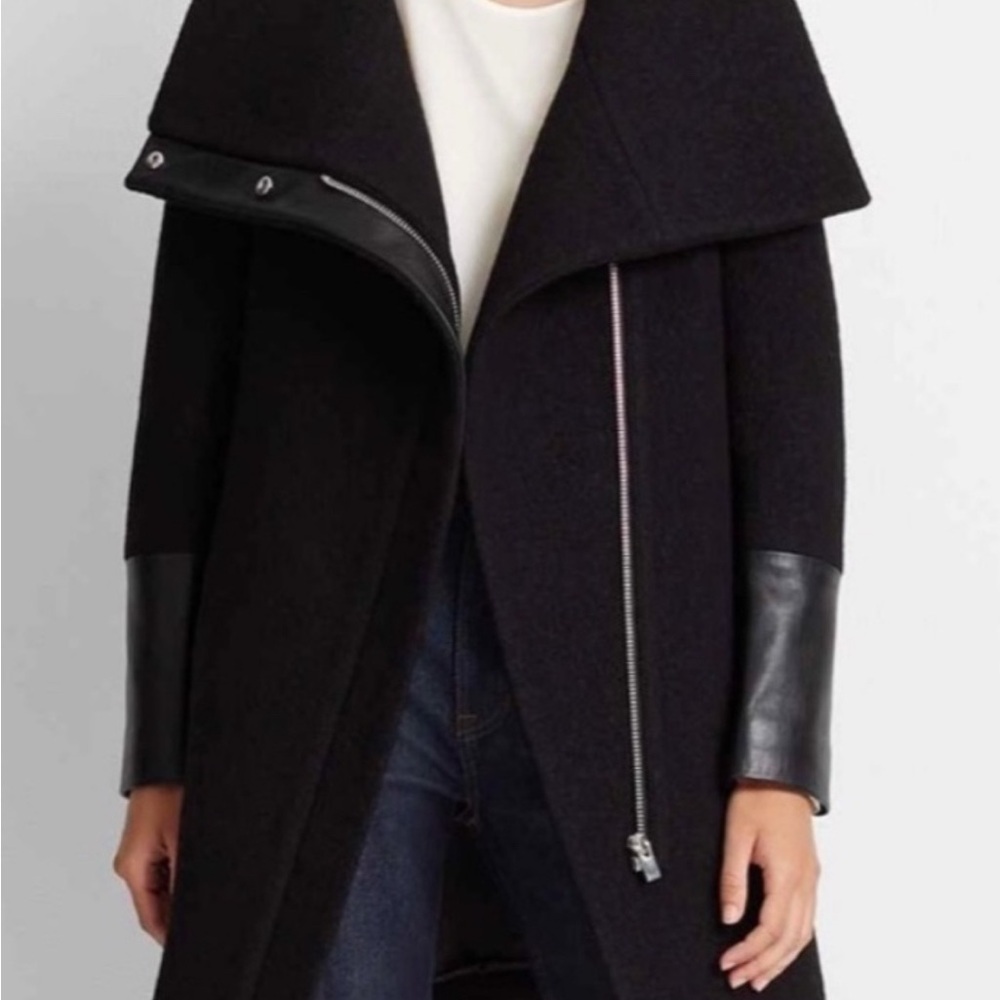 Women's Black Wool Coat with Leather Accents club Monaco